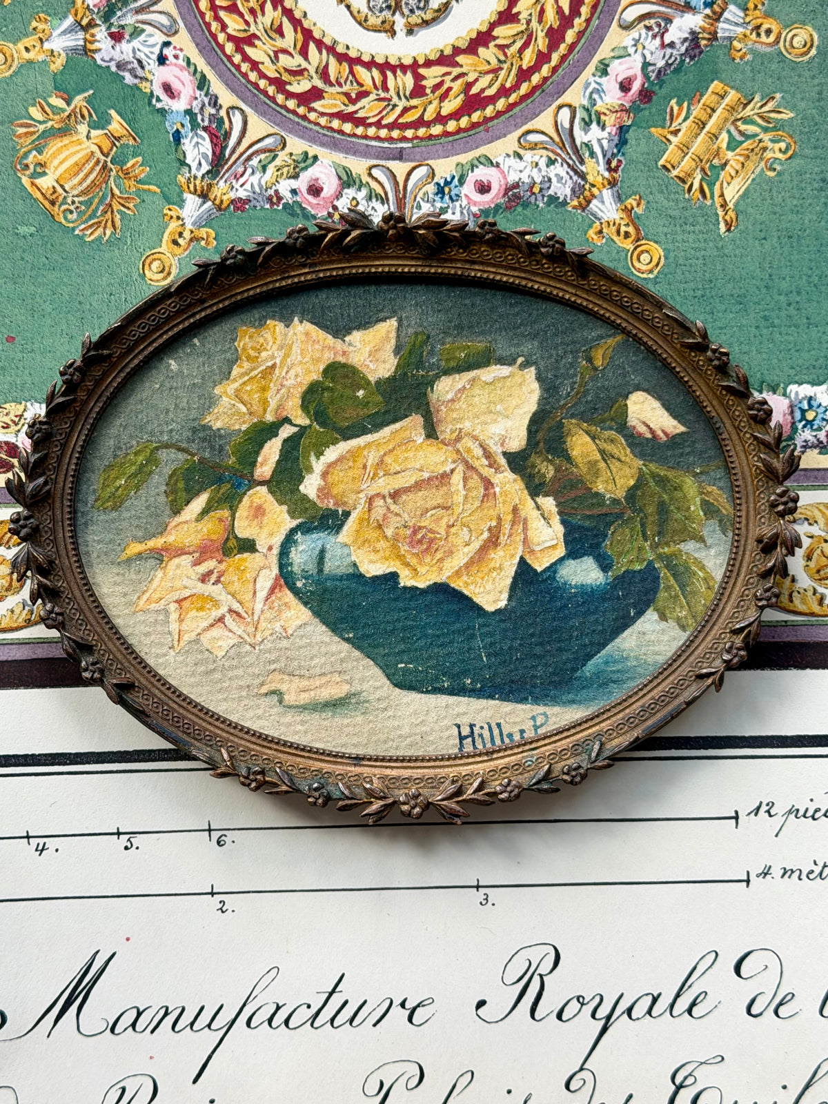 Antique French Oval Watercolor of Yellow Roses in Gilt Metal Laurel Frame
