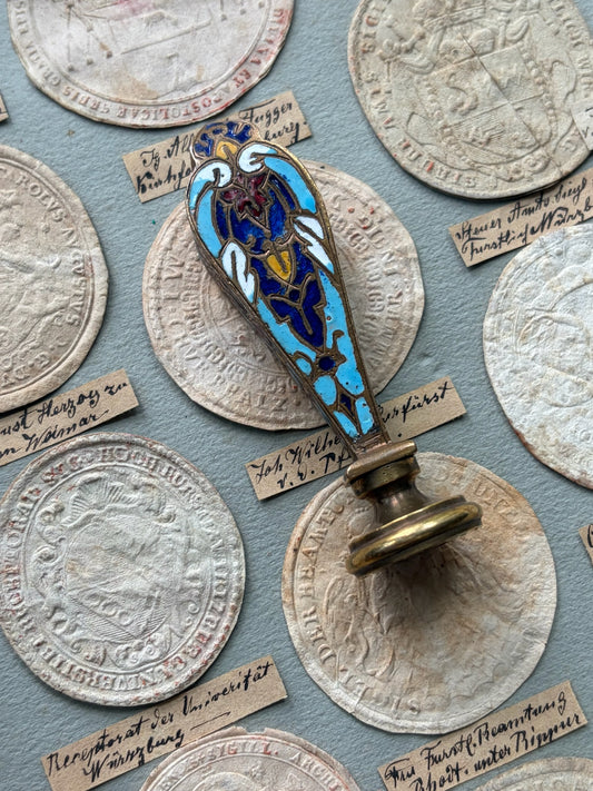 Antique French Champlevé Enamel Wax Seal — Polychrome Bird Motif, Engraved Initial, 19th Century