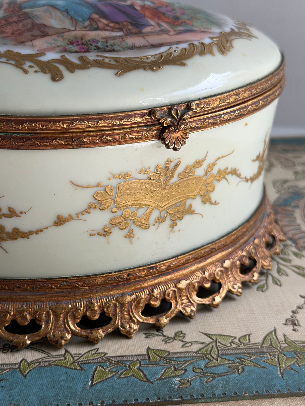 Antique French Hand-Painted Porcelain Casket with Bronze Mounts