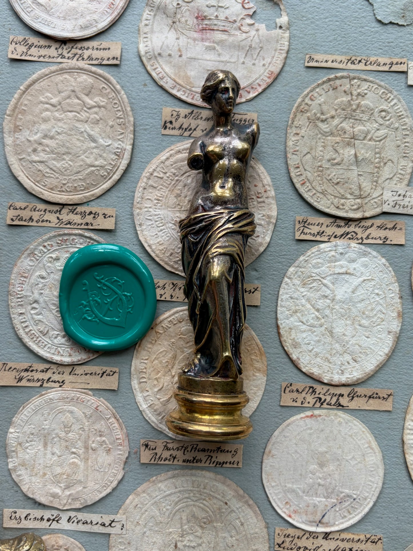Antique French Figural Wax Seal — Venus de Milo, Gilt Bronze, Engraved Monogram, 19th Century