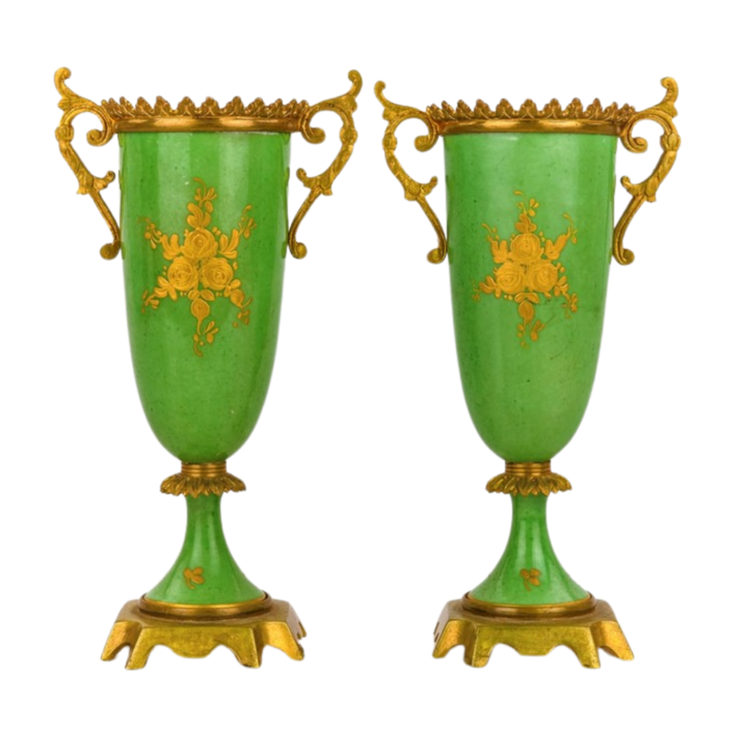 Pair of Miniature French Garniture Urn Vases – Hand-Painted & Ormolu Mounted