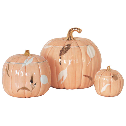 Layered Leaves Pumpkin Jars with 22K Gold Accents in Sheer Orange: Medium