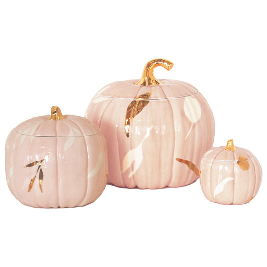 Layered Leaves Pumpkin Jars with 22K Gold Accents in Pink: Medium