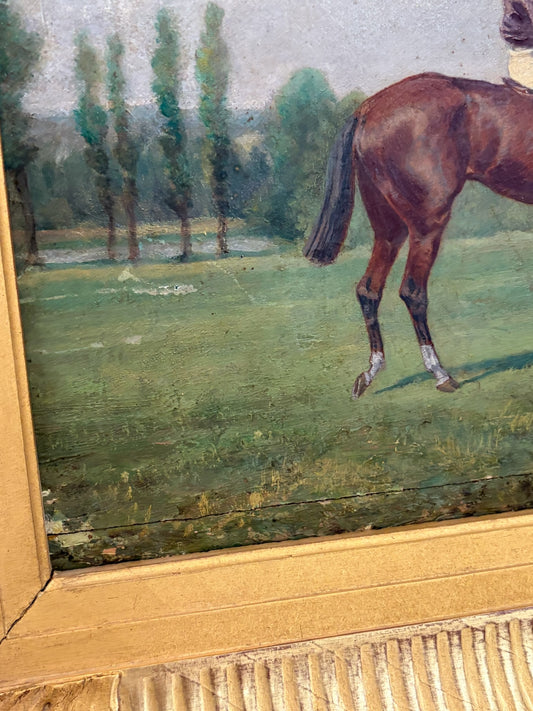 Late 19th Century French Sporting Oil on Panel — Two Jockeys at the Post, Original Giltwood Frame