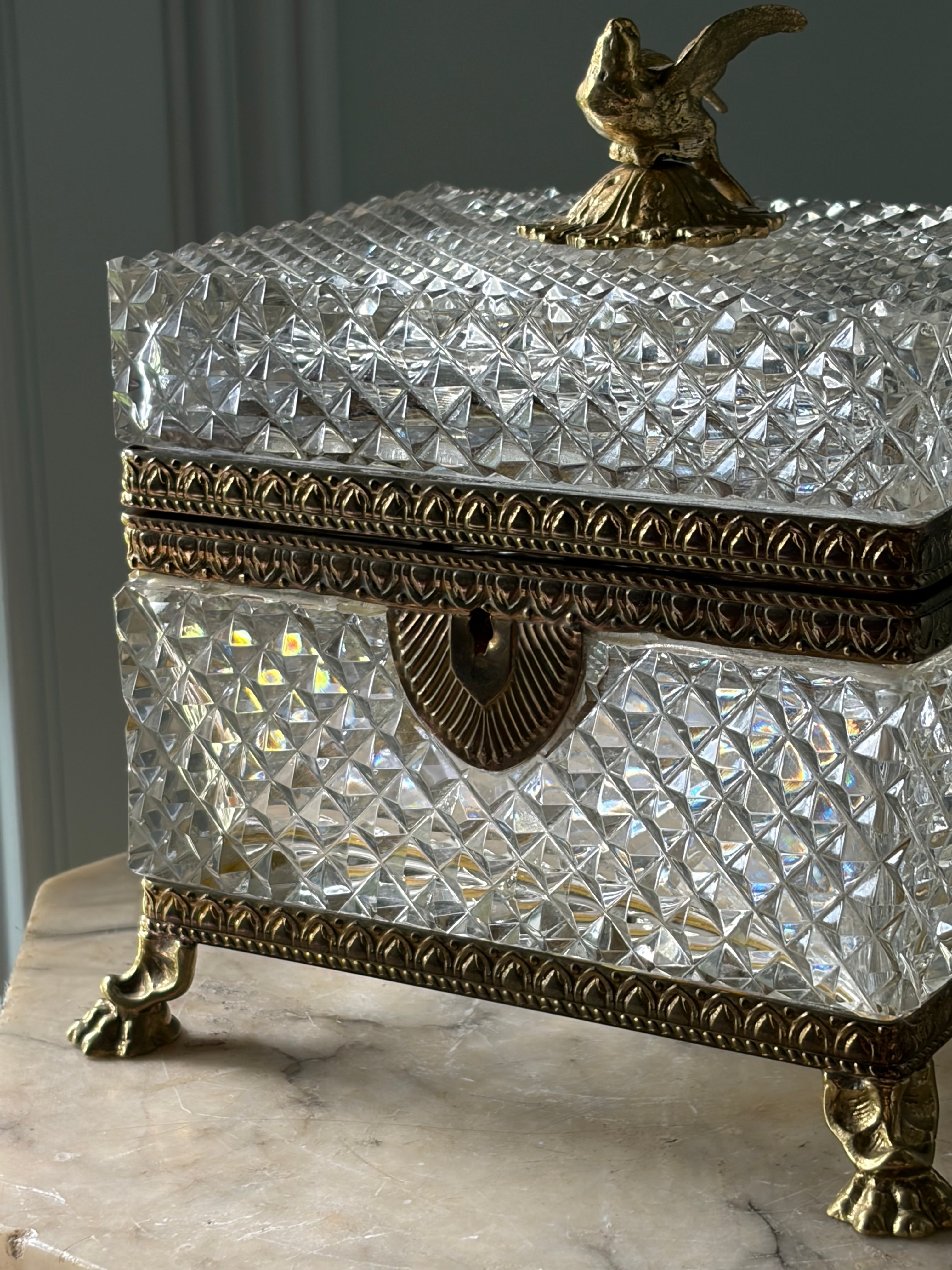 Antique French Crystal Casket with Dove Finial