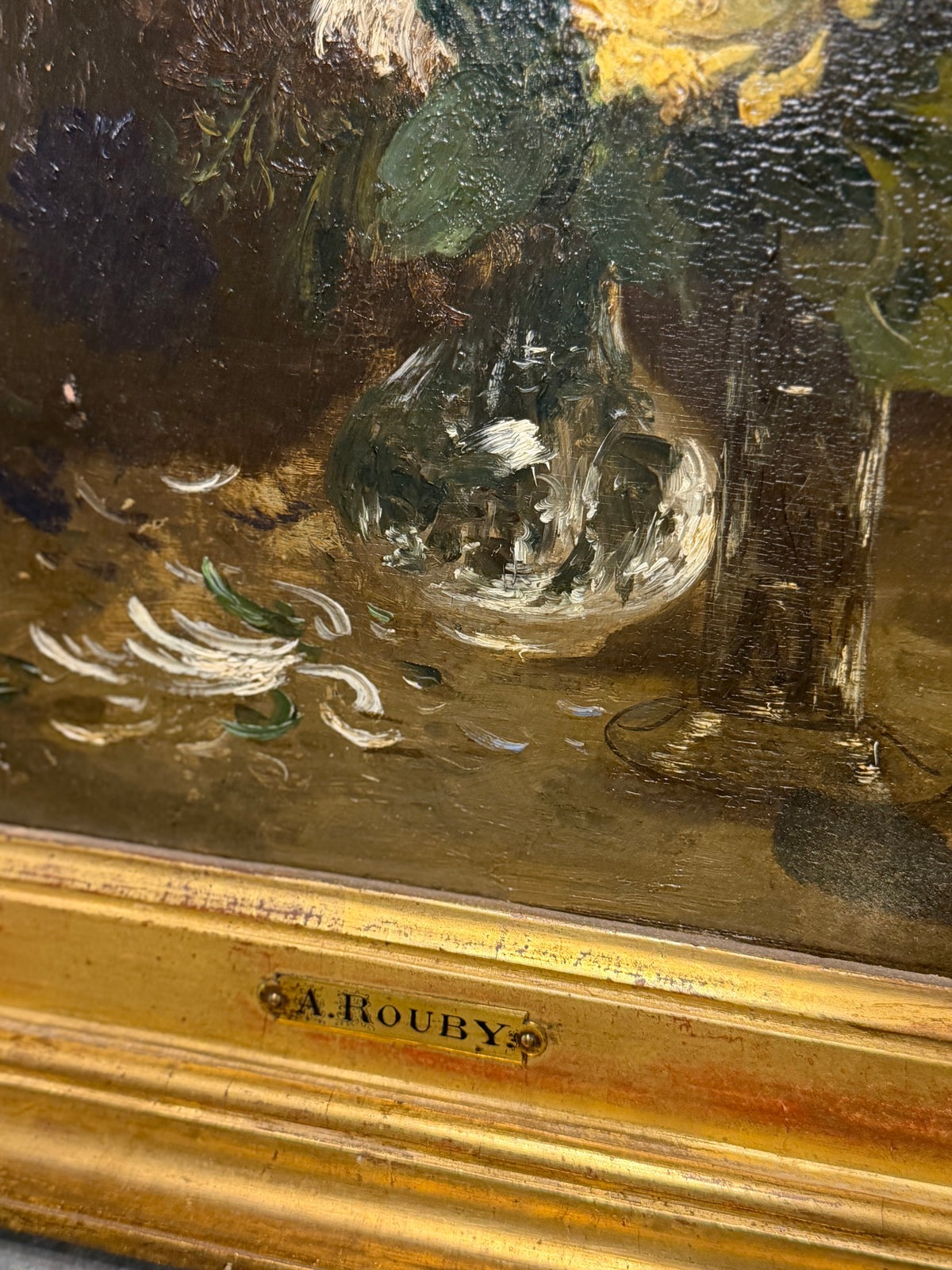 Antique French Floral Still Life Oil on Board, Signed A. Rouby, in Giltwood Frame