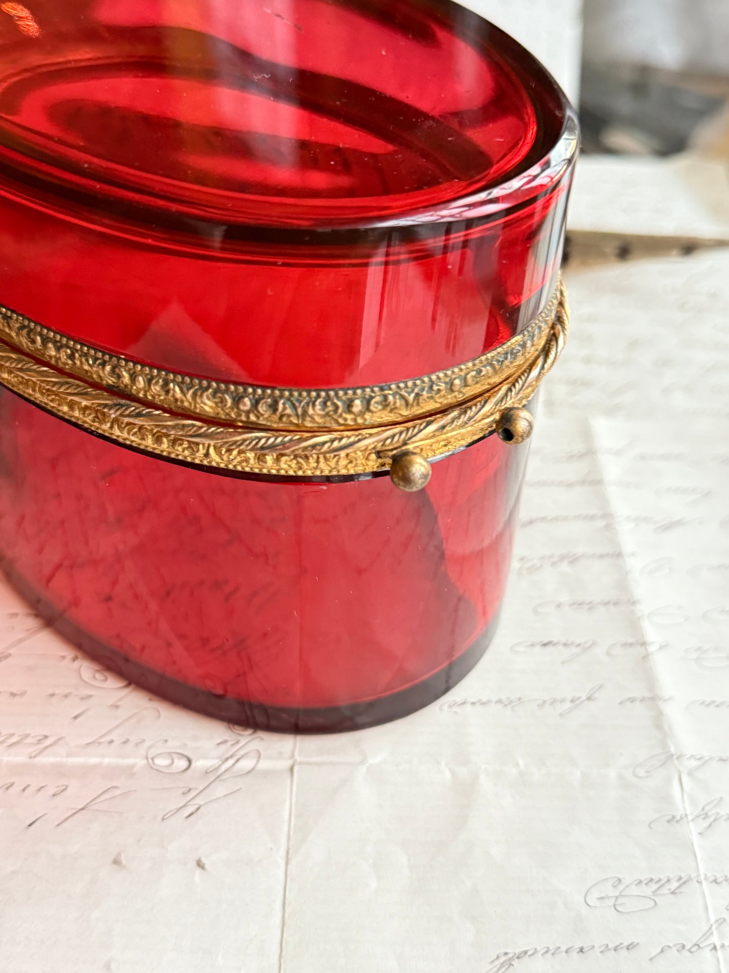 Antique Bohemian Ruby Glass Casket with Gilt Bronze Mounts