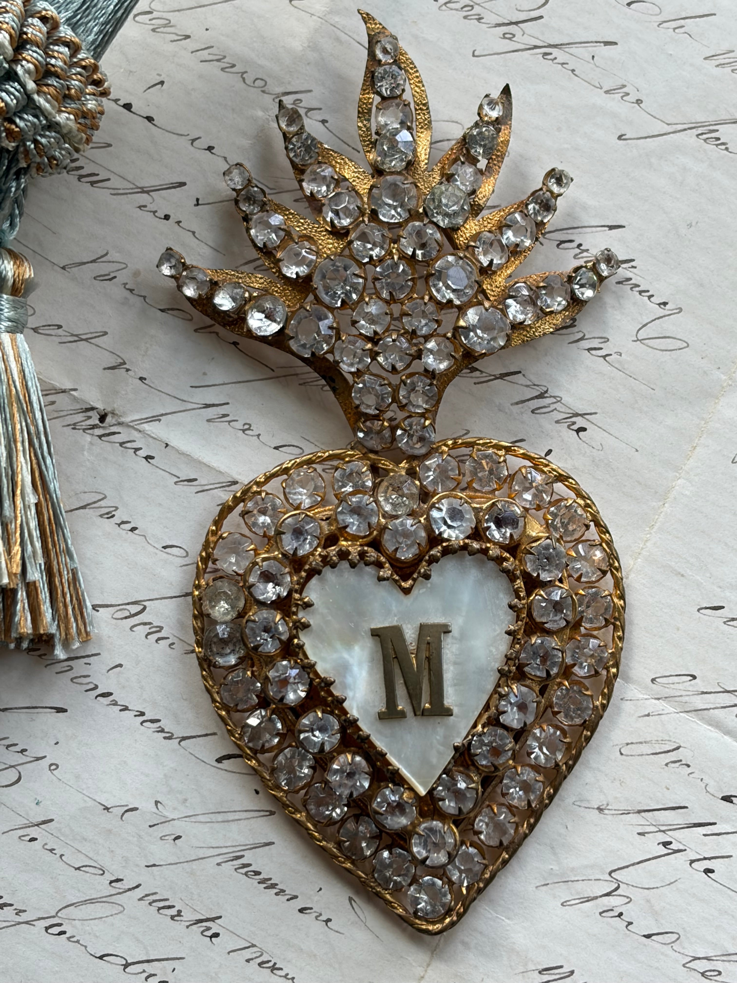 Antique French Sacred Heart Ex-Voto with Paste Stones and Monogram M
