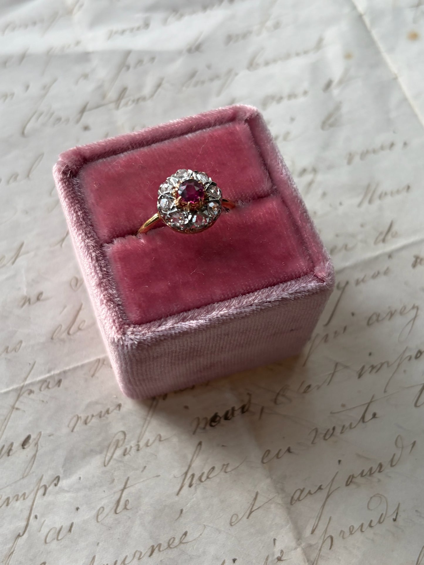 Vintage Ruby & Diamond Halo Ring in 18ct Gold & Platinum