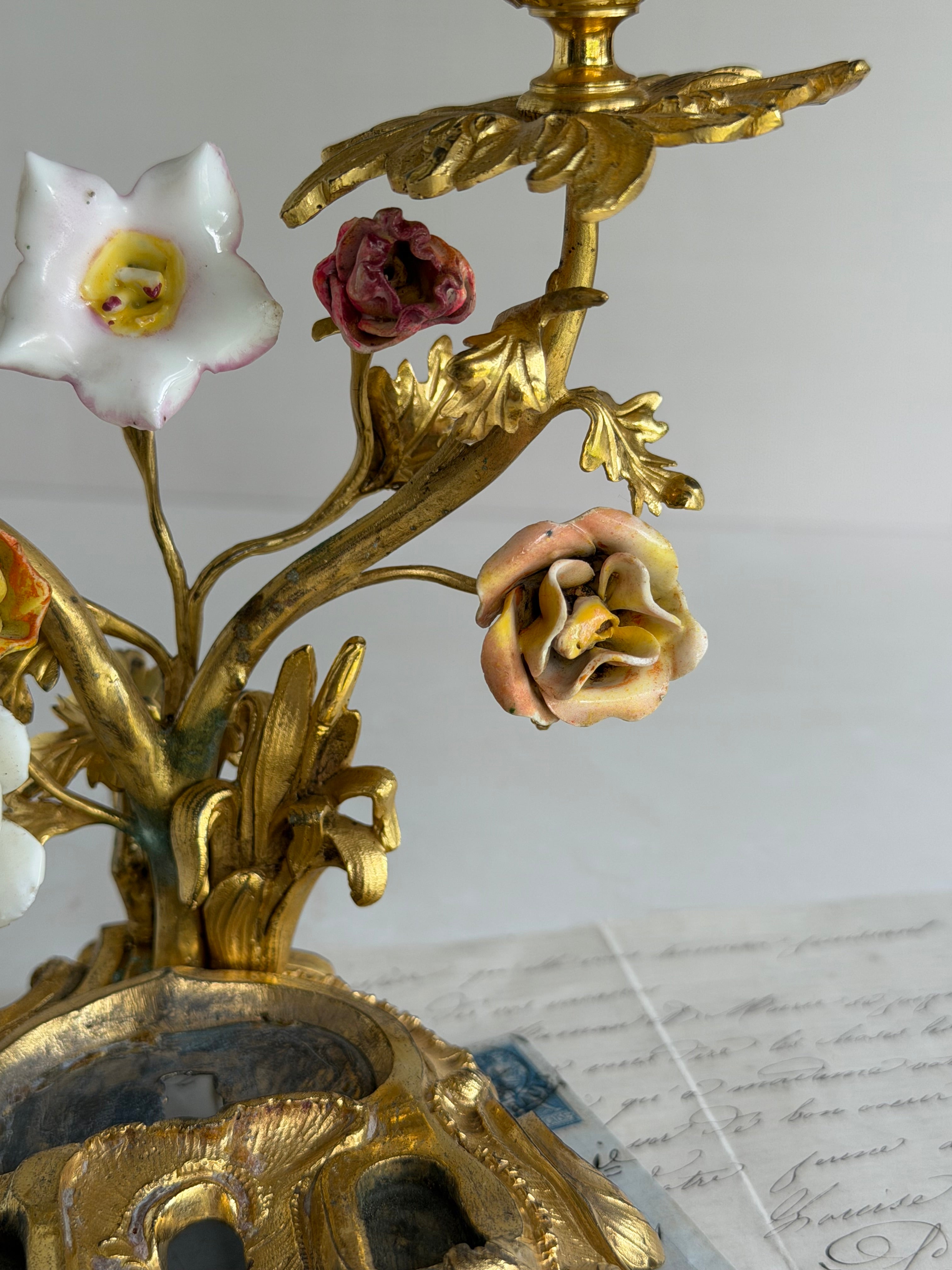 Antique Gilt Bronze Two-Light Candelabra with Porcelain Flowers