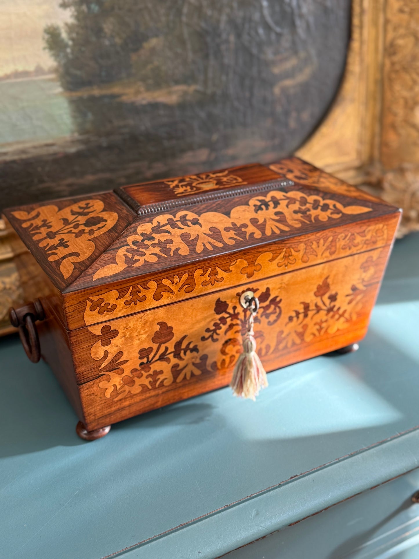 Antique English Tea Caddy with Cut Glass Bowl