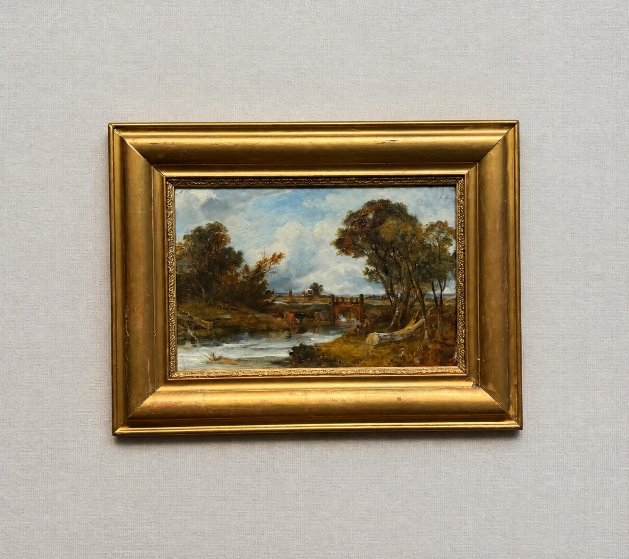 English School, 19th Century — River Landscape with Brick Bridge and Cattle