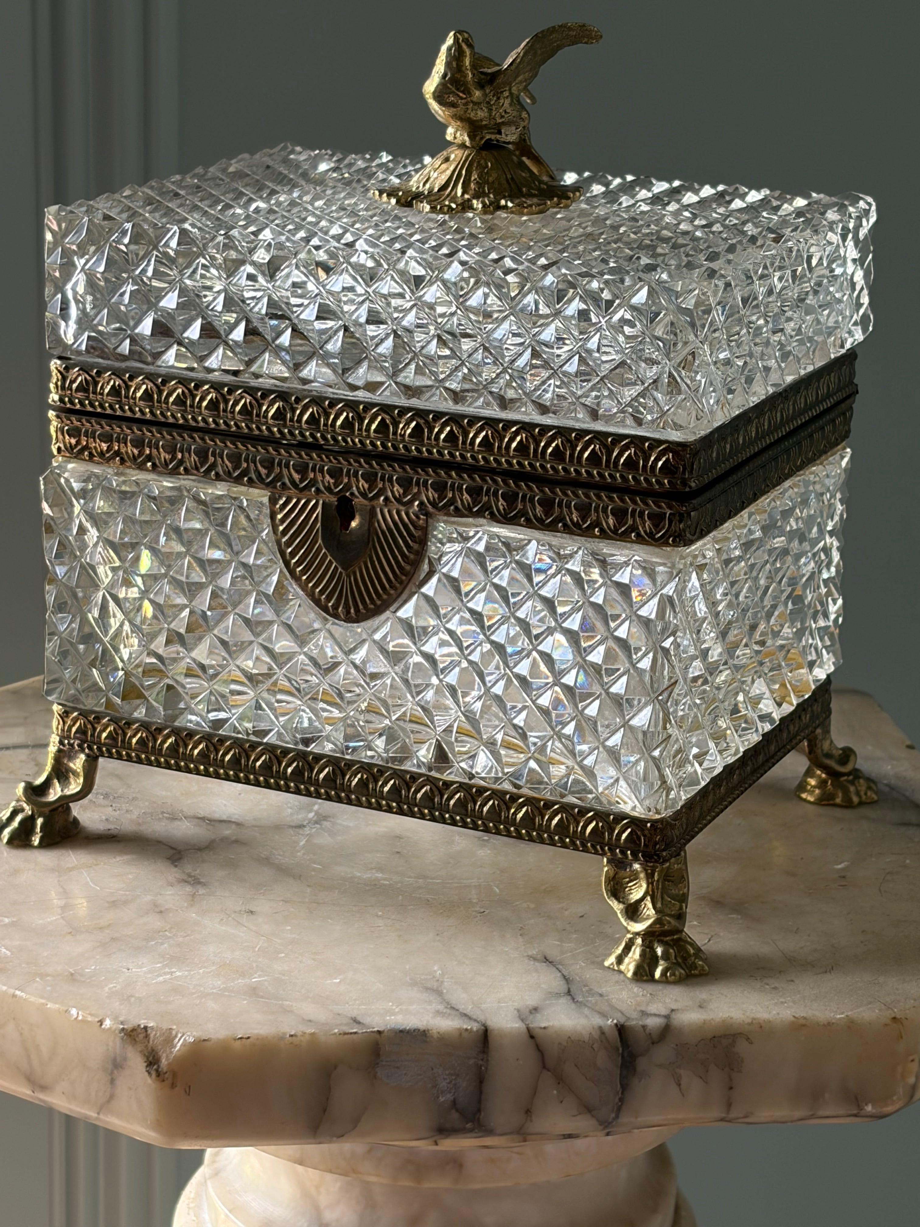 Antique French Crystal Casket with Dove Finial