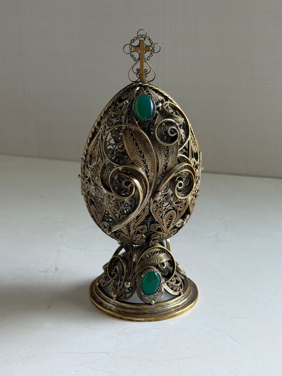Antique Filigree Egg Shrine with Madonna and Green Cabochons