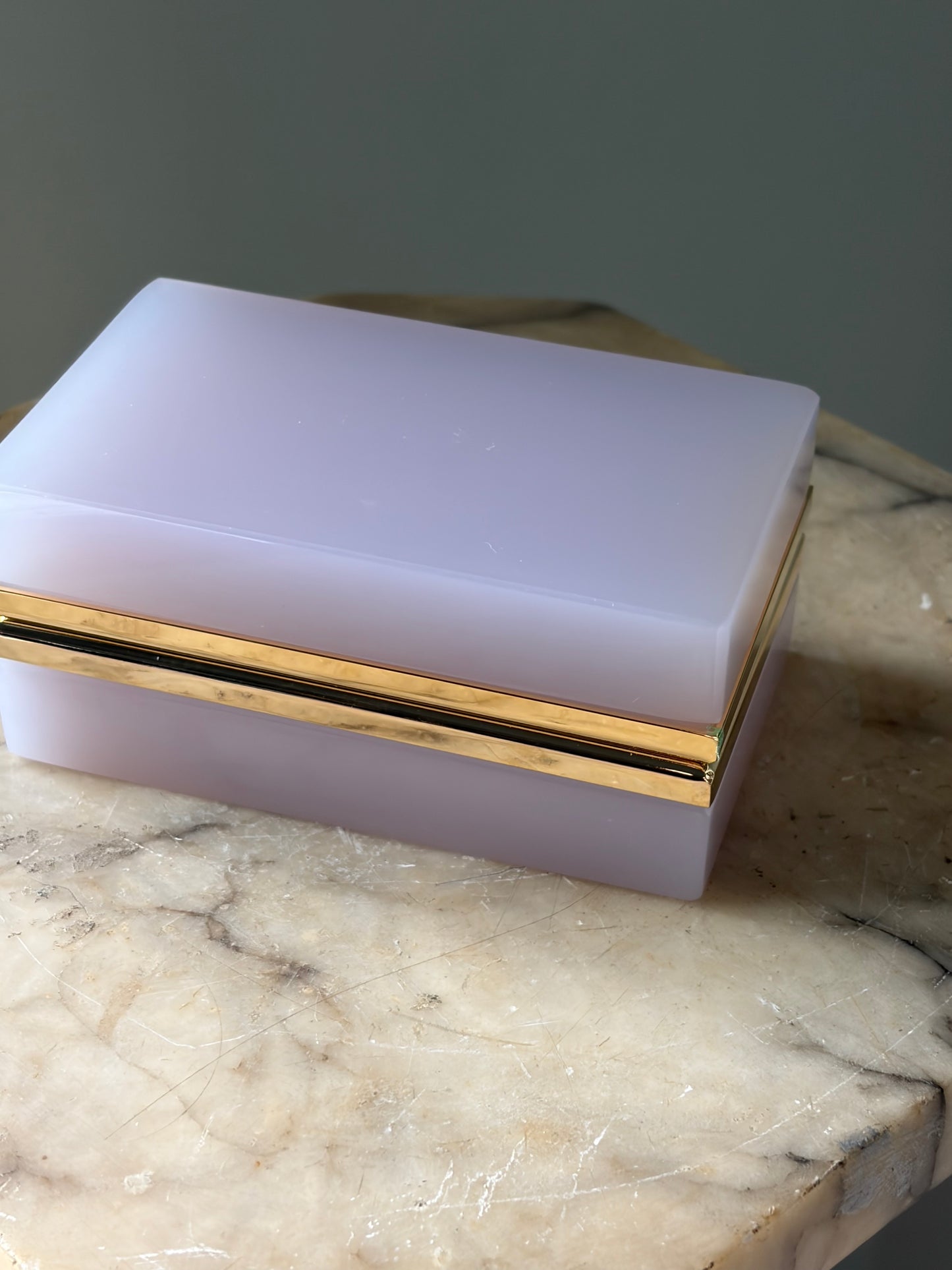 Vintage Alexandrite Opaline Box — Pale Lavender Glass with Gold Brass Mounts