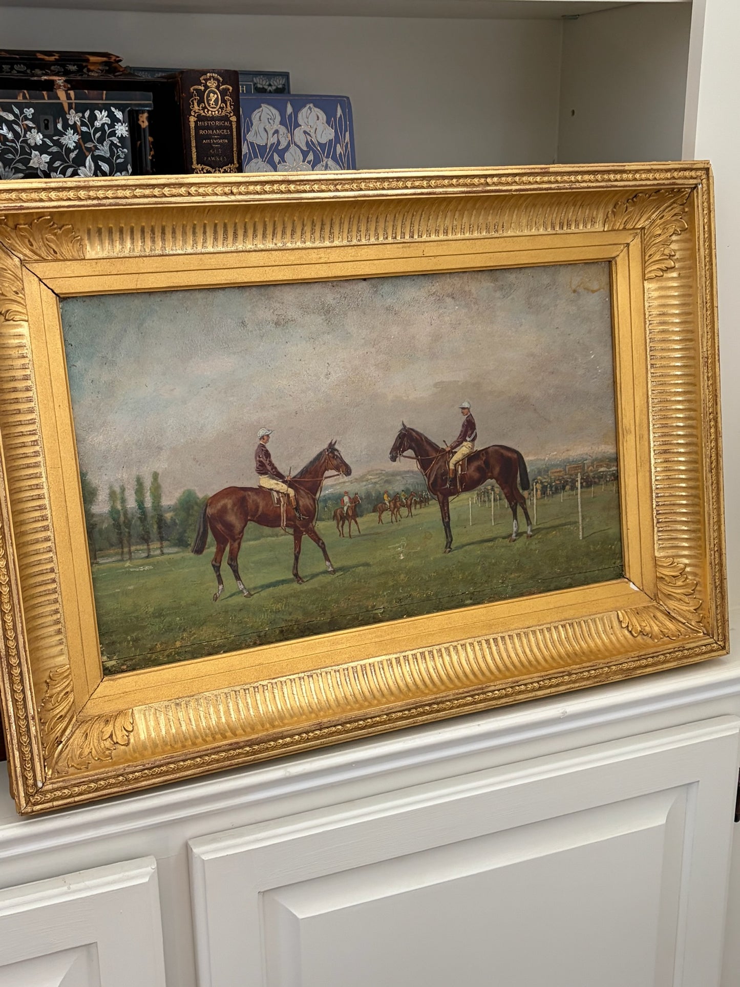 Late 19th Century French Sporting Oil on Panel — Two Jockeys at the Post, Original Giltwood Frame