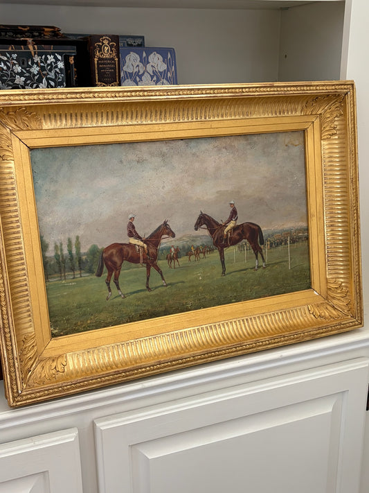 Late 19th Century French Sporting Oil on Panel — Two Jockeys at the Post, Original Giltwood Frame