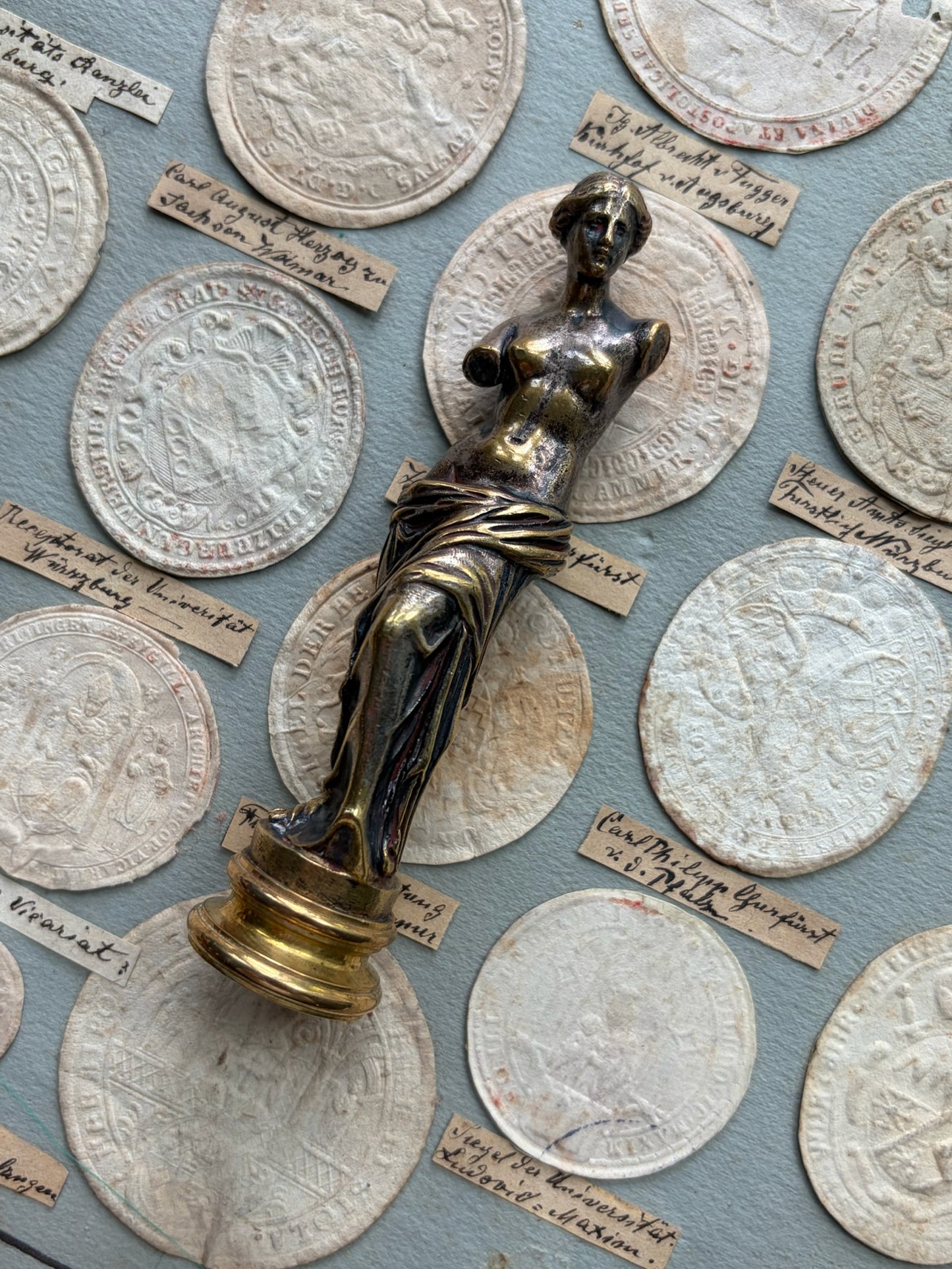 Antique French Figural Wax Seal — Venus de Milo, Gilt Bronze, Engraved Monogram, 19th Century
