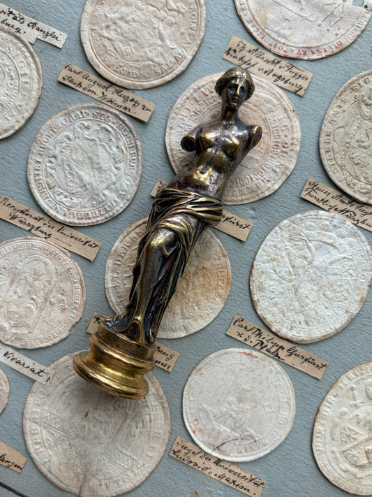Antique French Figural Wax Seal — Venus de Milo, Gilt Bronze, Engraved Monogram, 19th Century