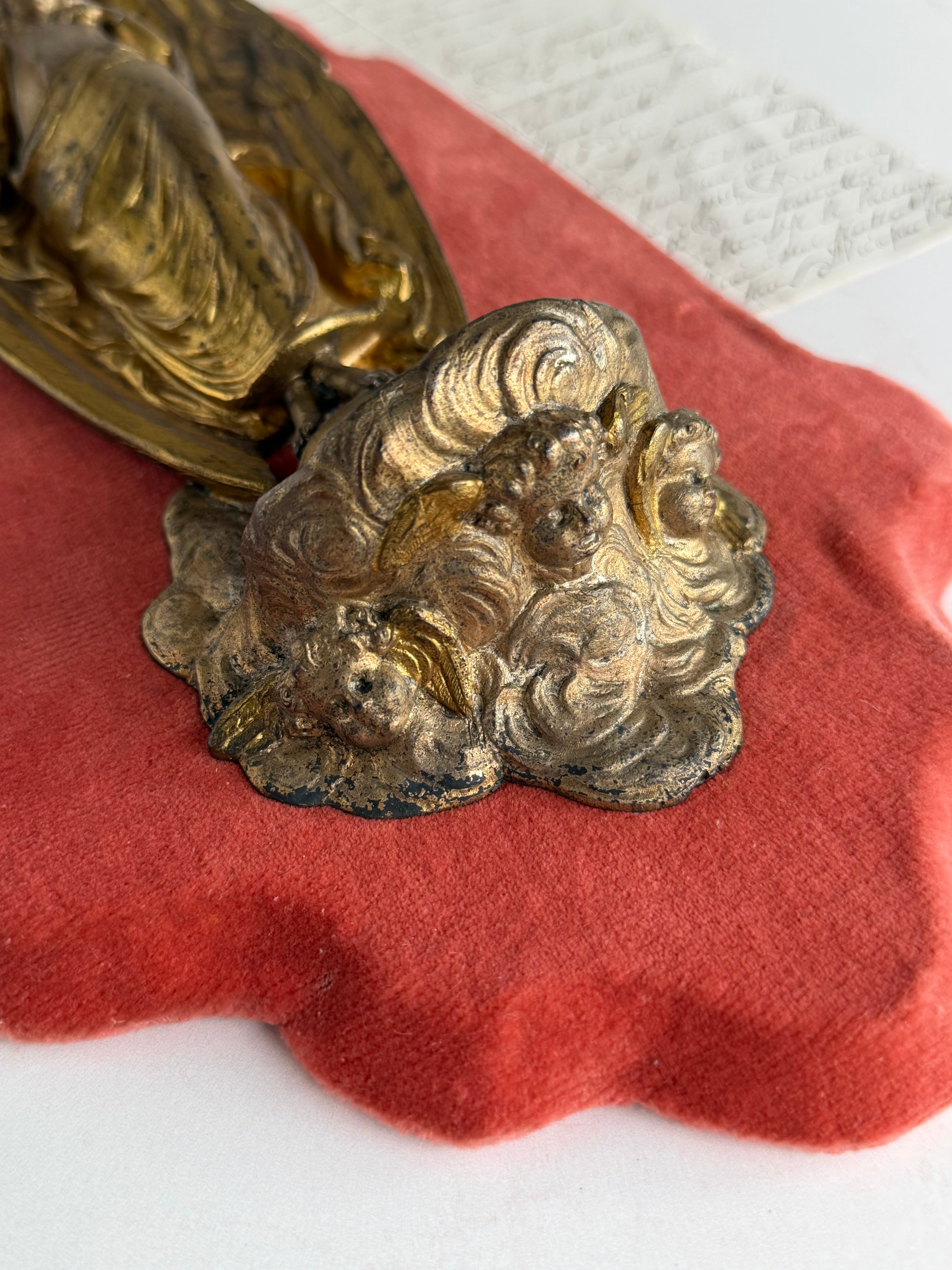 Antique French Gilt Bronze Angel Bénitier on Velvet Mount