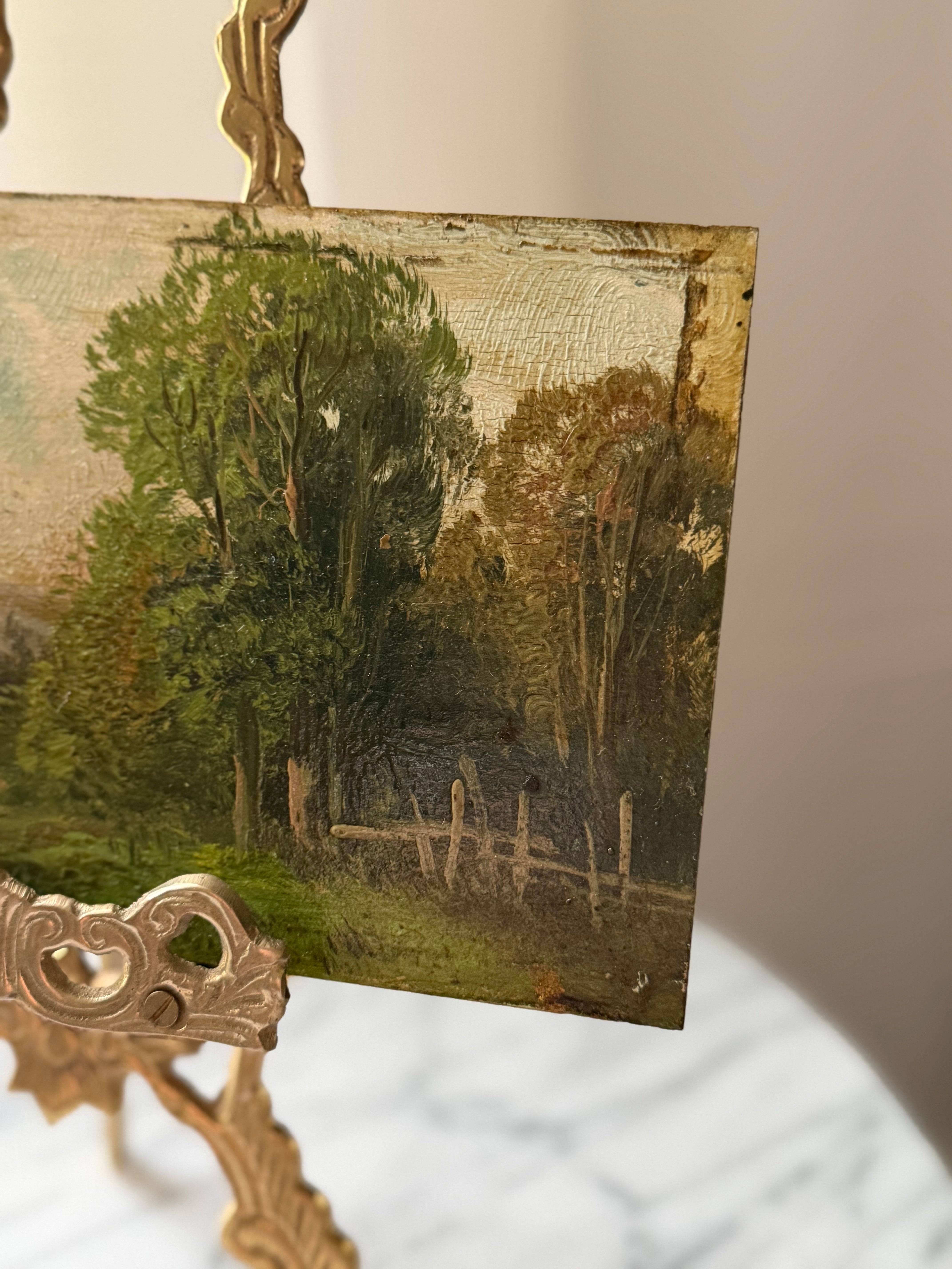 Antique French Landscape Oil Painting on Board