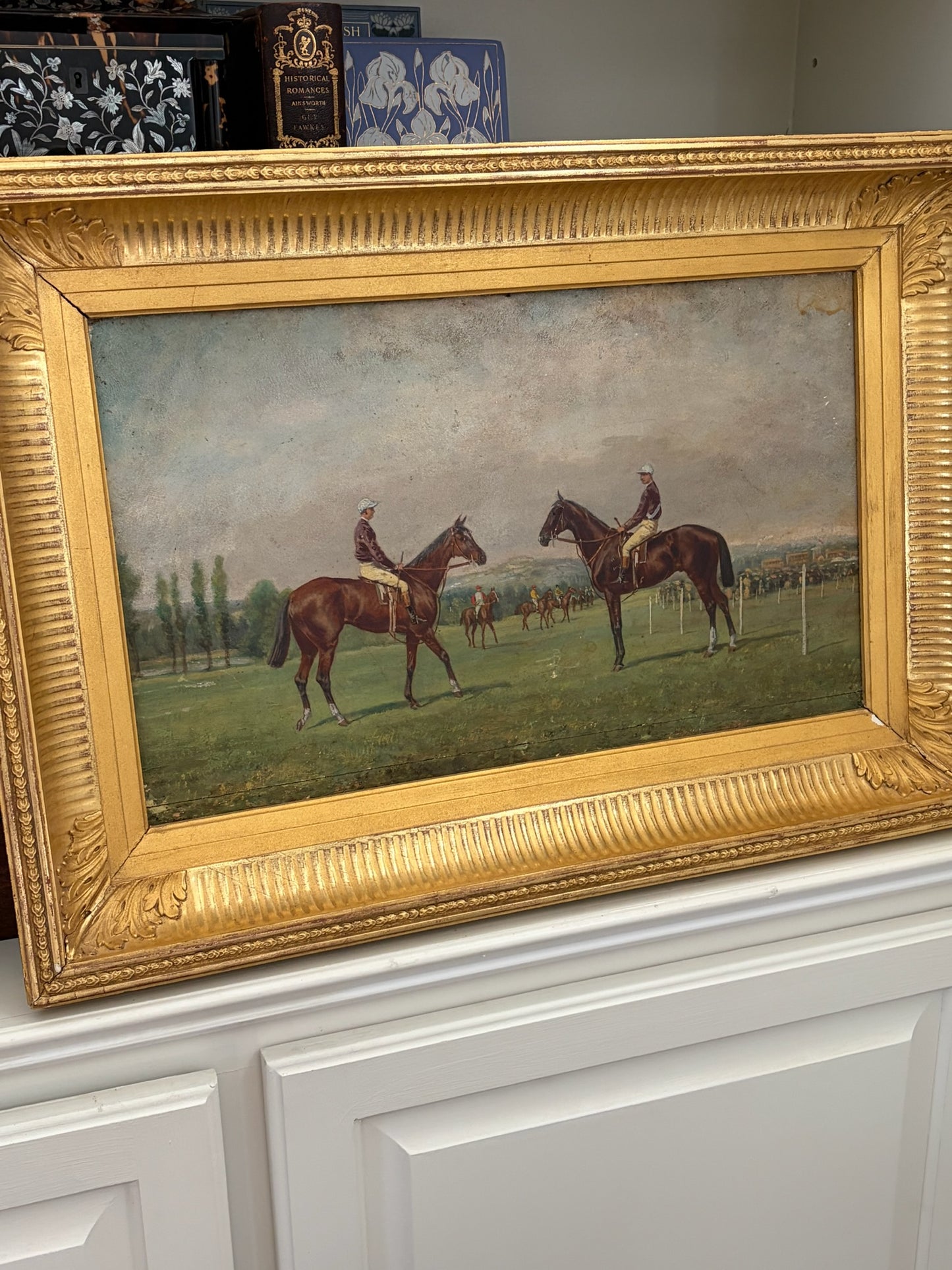 Late 19th Century French Sporting Oil on Panel — Two Jockeys at the Post, Original Giltwood Frame