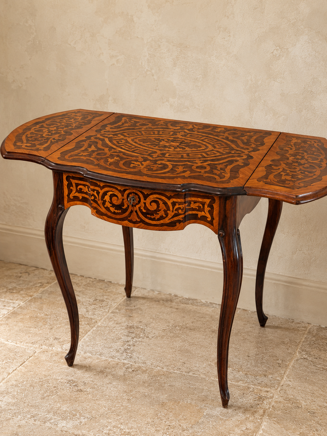 19th Century French Marquetry Drop-Leaf Salon Table