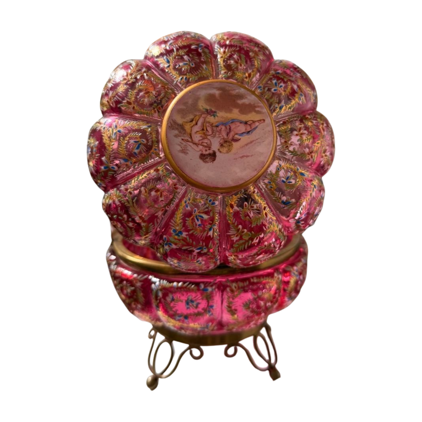 Antique Bohemian Cranberry Glass Casket with Cherub Enamel Lid – Hand-Painted Floral Gilding on Ormolu Mounts