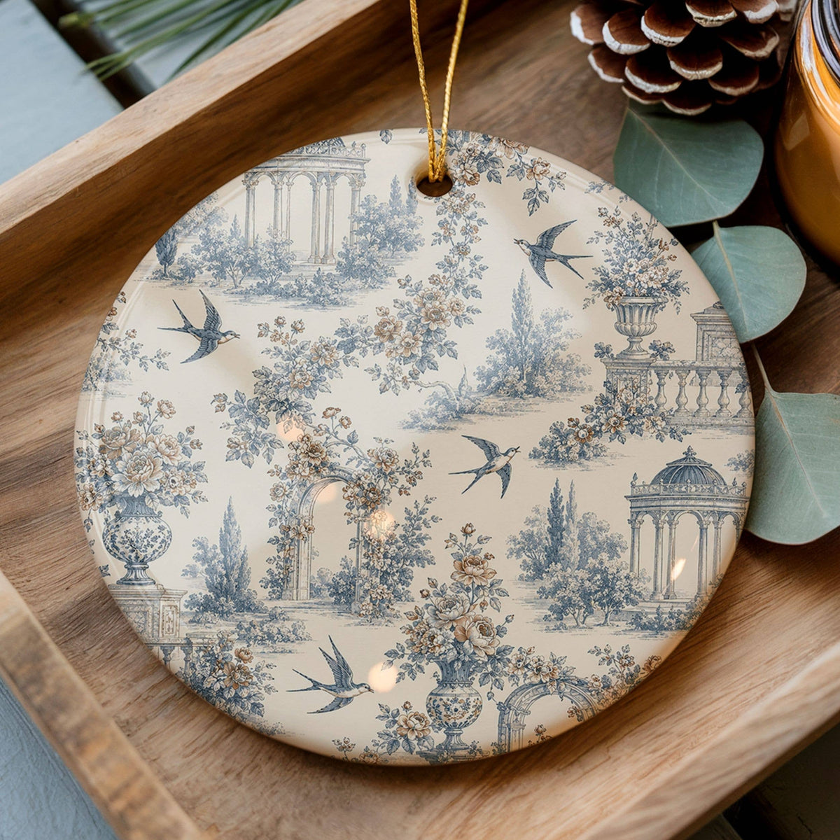 Blue Toile Christmas Ornament, Vintage Botanical Decor
