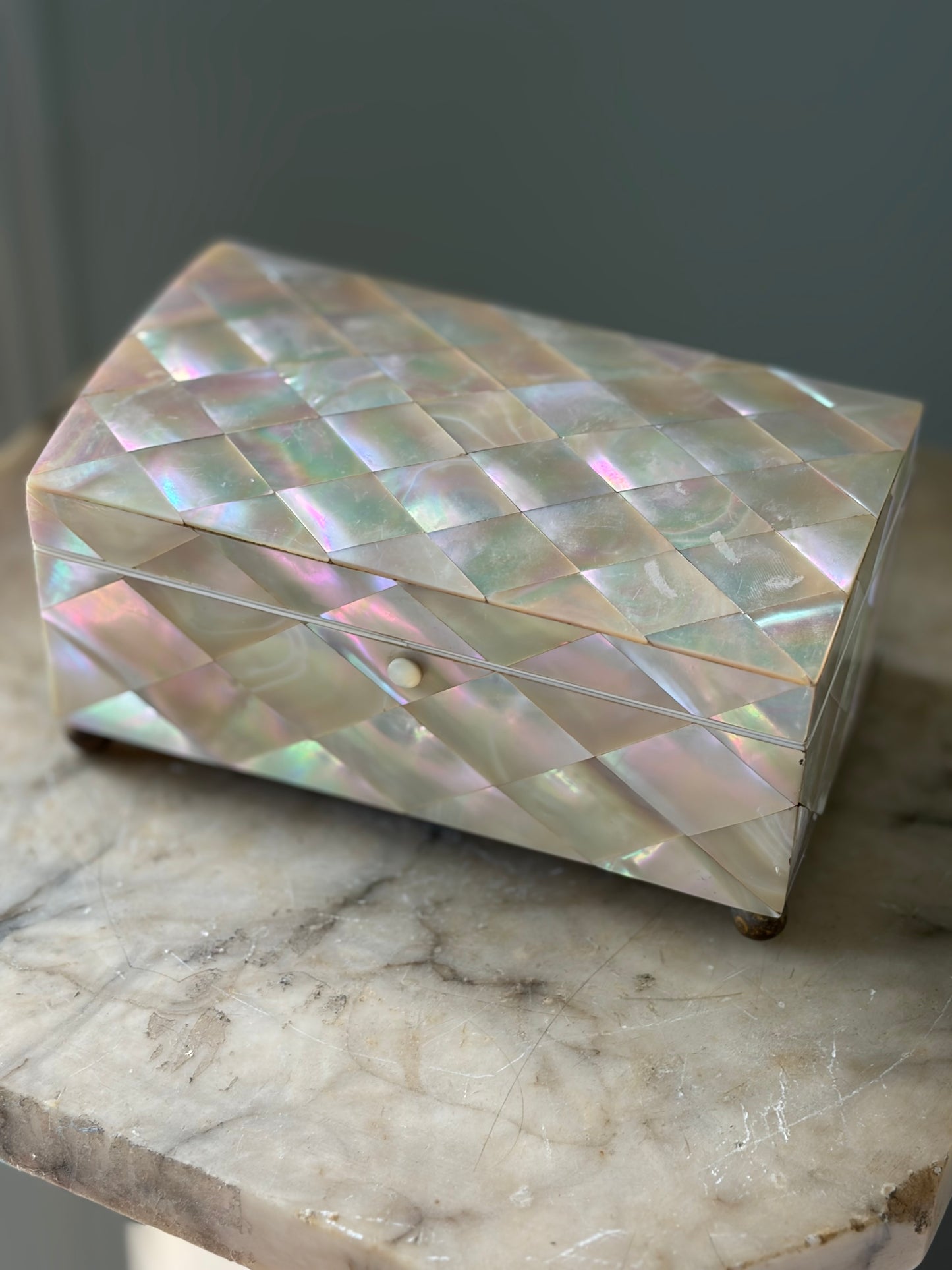 Antique French Mother-of-Pearl Box — Diamond-Quilted Nacre, Silk-Lined Interior, 19th Century
