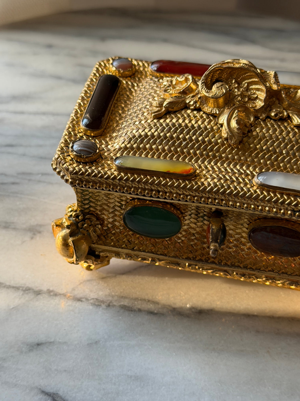 Antique French Gilt Bronze and Agate Casket with Woven Basketweave and Rococo Mounts