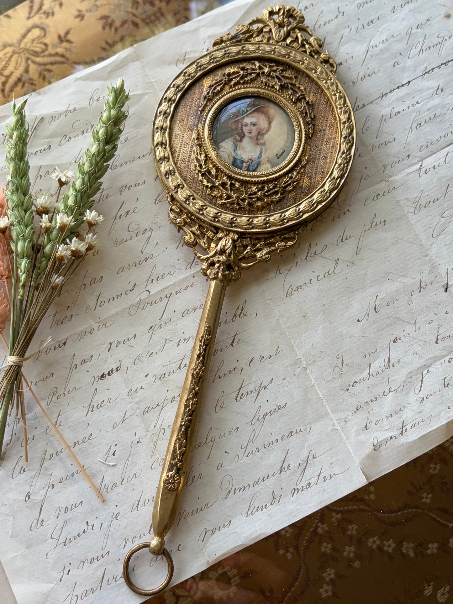 Antique French Hand-Painted Portrait Mirror