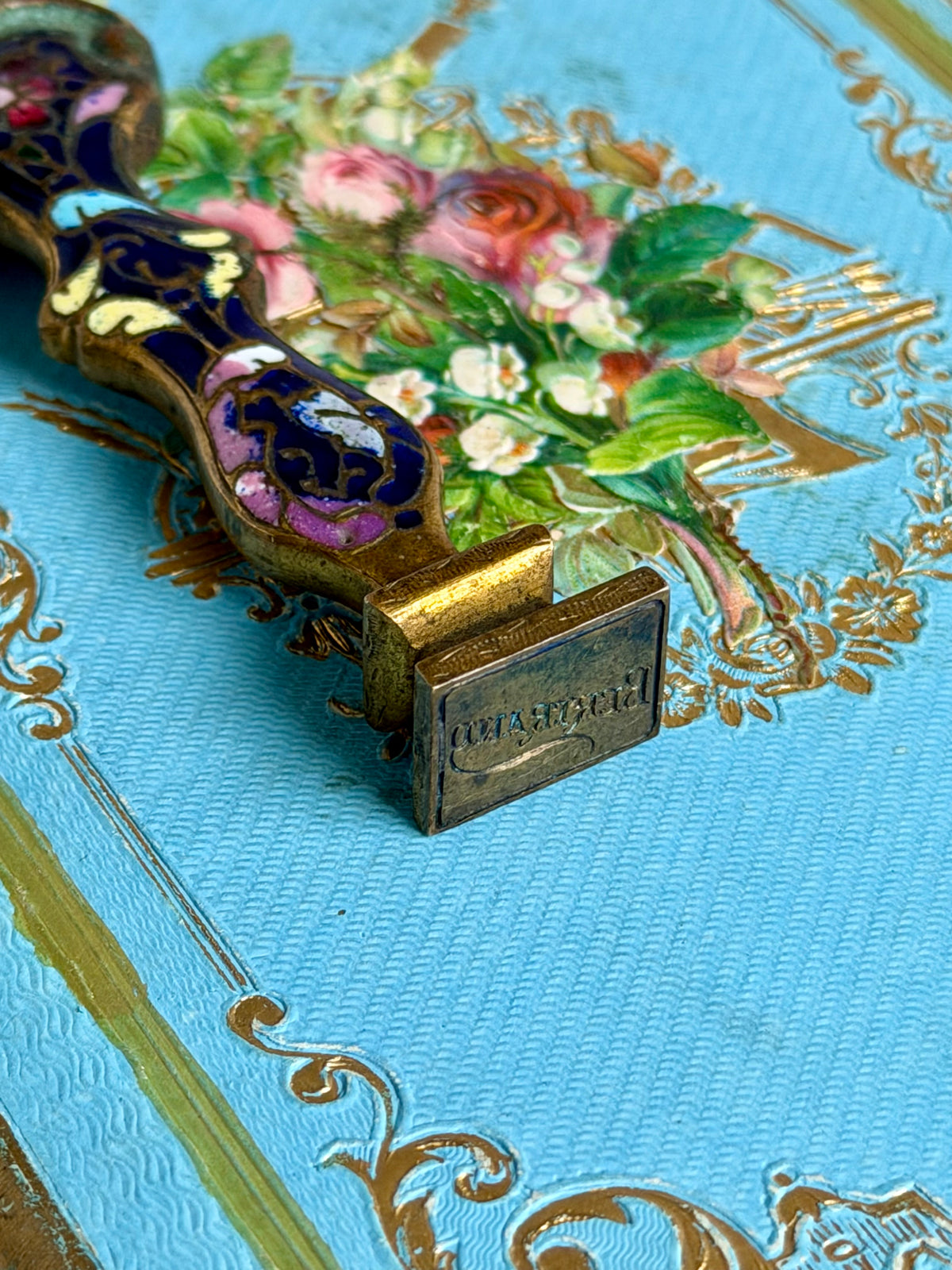 Antique French Champlevé Enamel Wax Seal with Floral Detailing