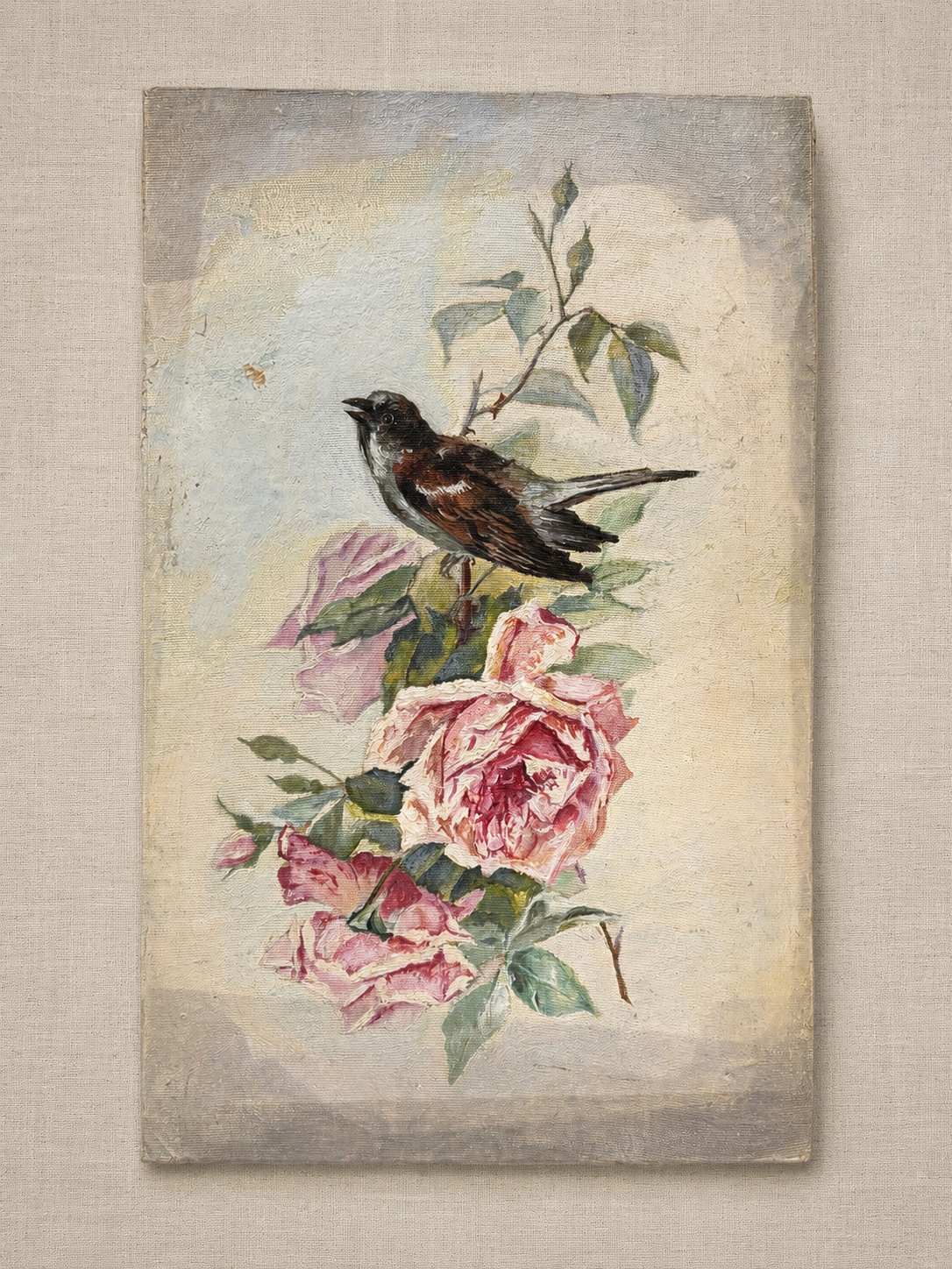 Vintage French Bird and Roses Oil Painting on Board