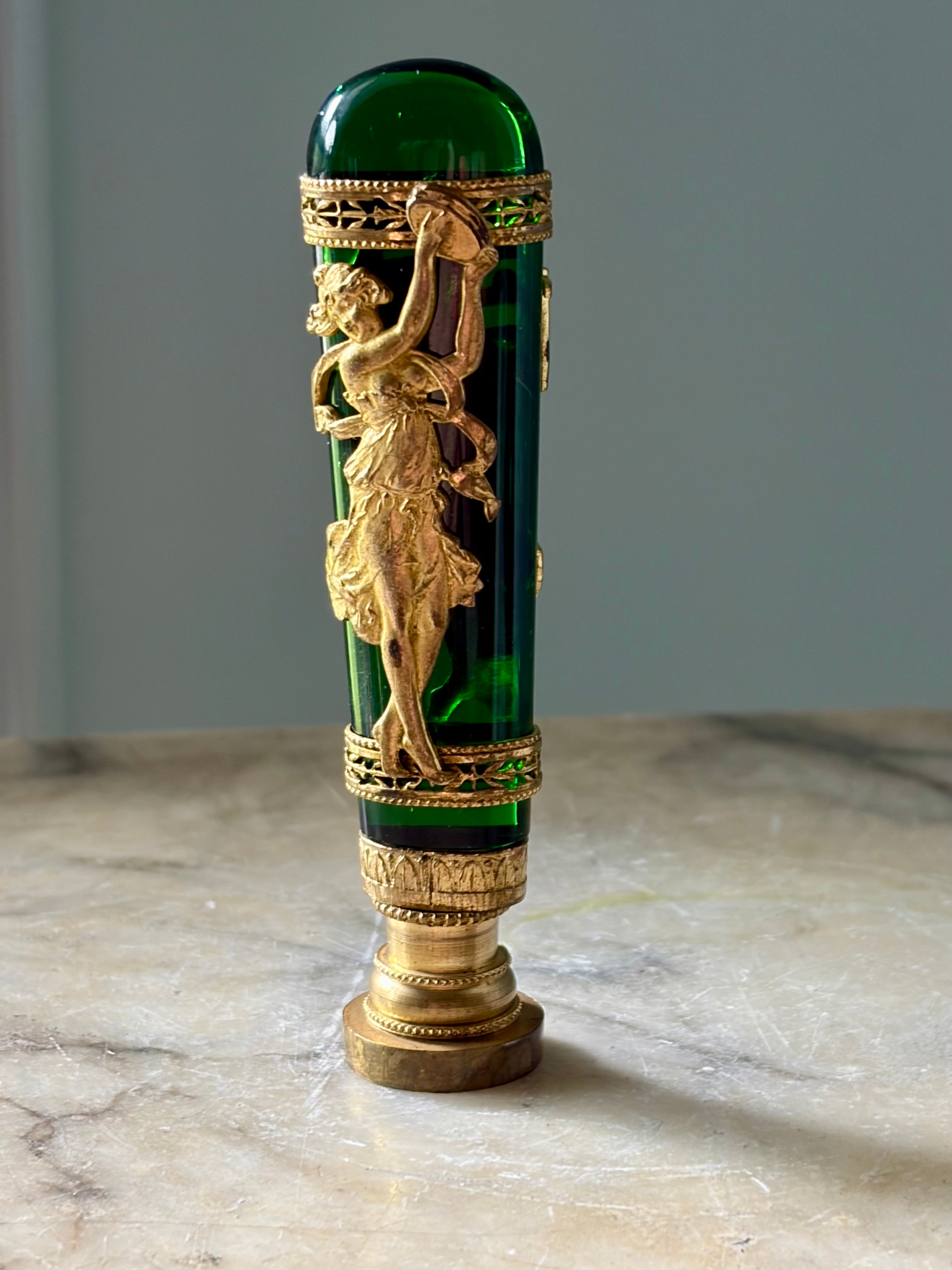 Antique French Emerald Glass Wax Seal with Gilt Bronze