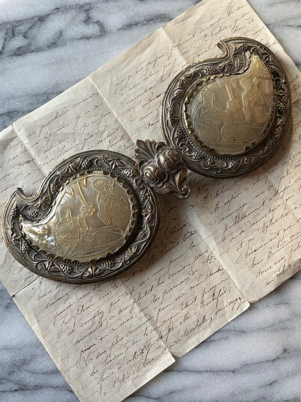 Ottoman Pafta Belt Buckle with Carved Mother-of-Pearl Plaques