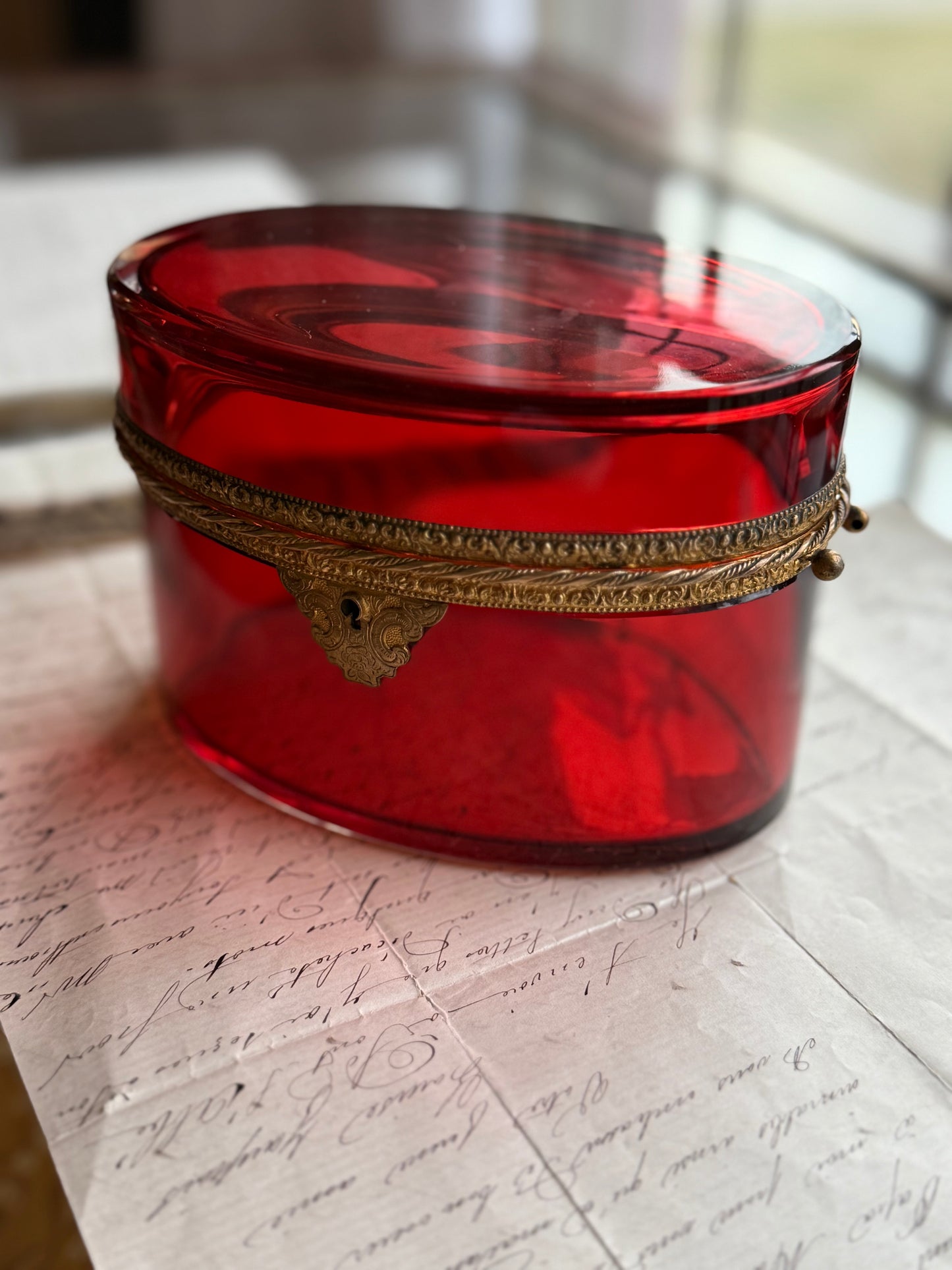 Antique Bohemian Ruby Glass Casket with Gilt Bronze Mounts