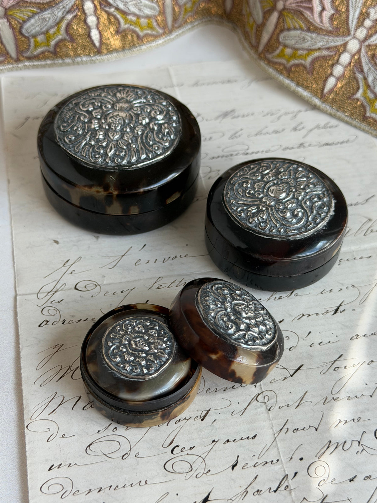 Antique Tortoise Nesting Boxes with Sterling Lids, Set of 4