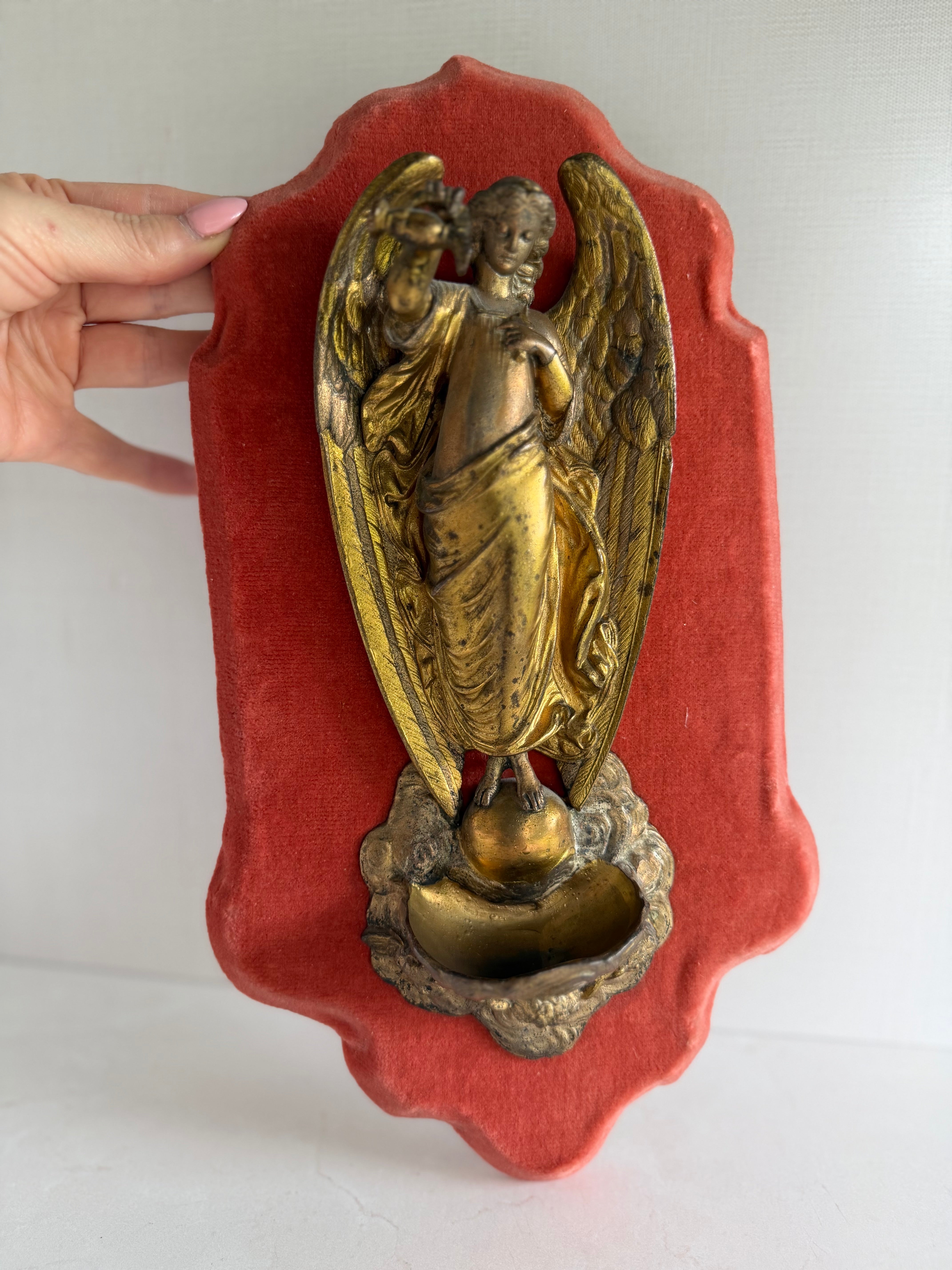 Antique French Gilt Bronze Angel Bénitier on Velvet Mount