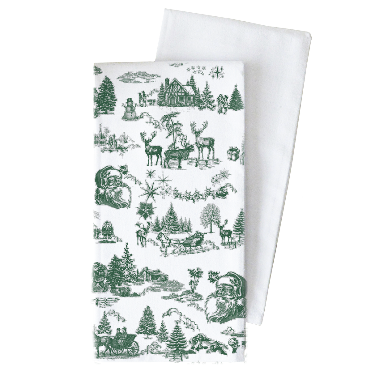 Christmas Toile - Green Tea Towel: White