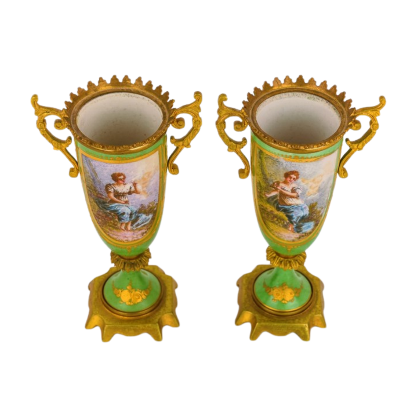 Pair of Miniature French Garniture Urn Vases – Hand-Painted & Ormolu Mounted