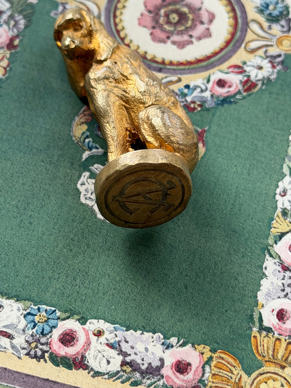 Antique French Gilt Bronze Hound Wax Seal, Signed Meismer