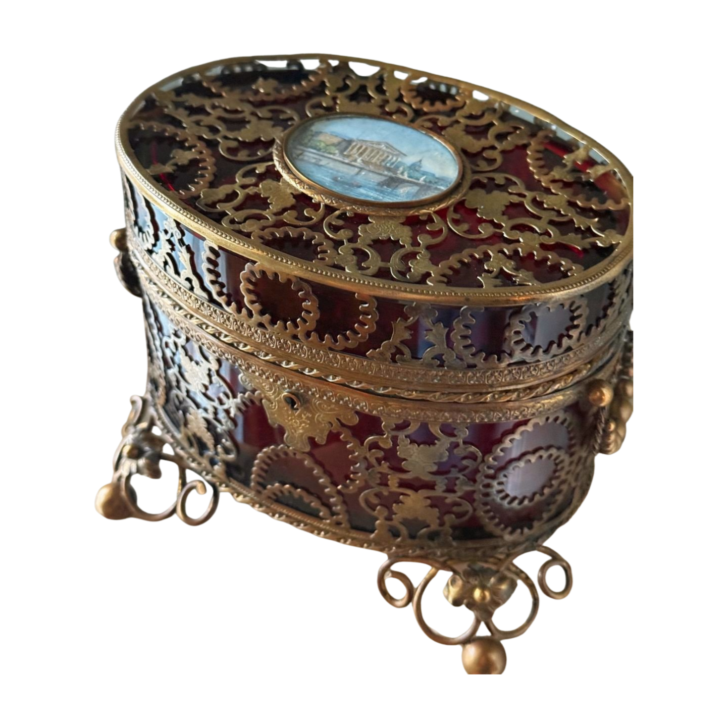 Antique French Ruby Glass Jewelry Casket