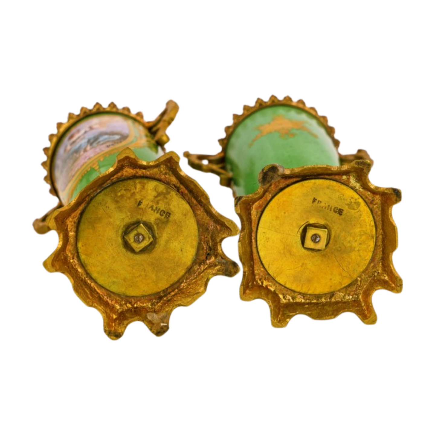 Pair of Miniature French Garniture Urn Vases – Hand-Painted & Ormolu Mounted