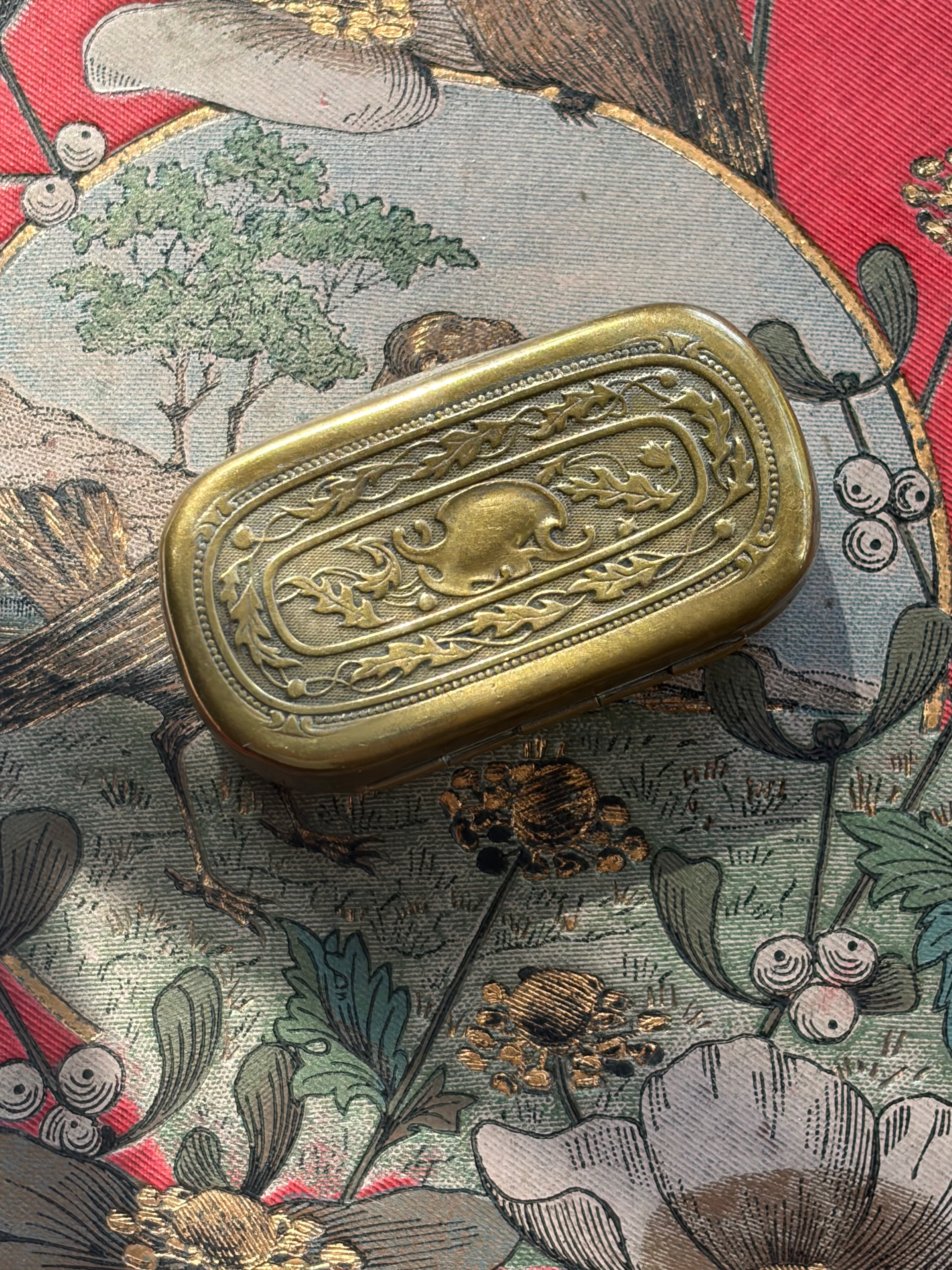Antique French Engraved Brass Box with Vintage Tools