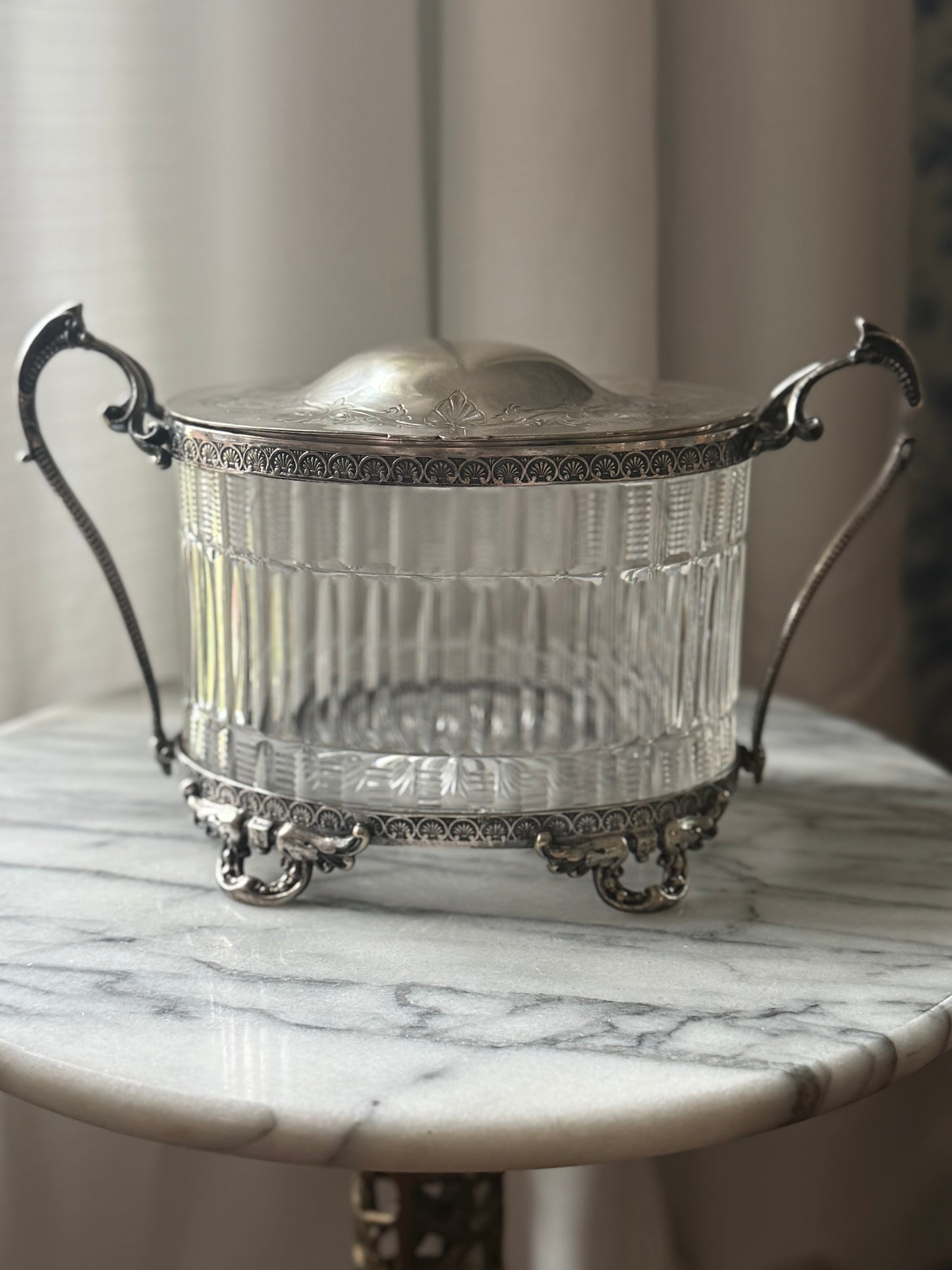 Antique Silverplate and Crystal Biscuit Barrel