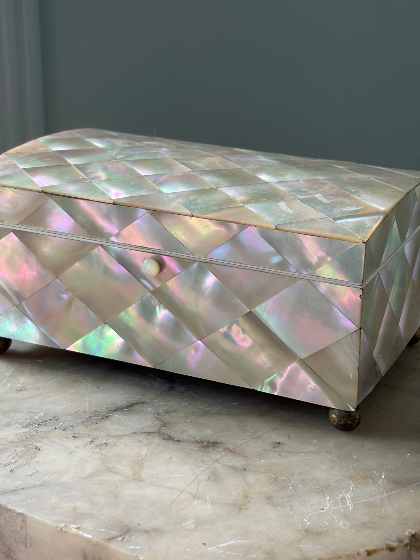 Antique French Mother-of-Pearl Box — Diamond-Quilted Nacre, Silk-Lined Interior, 19th Century