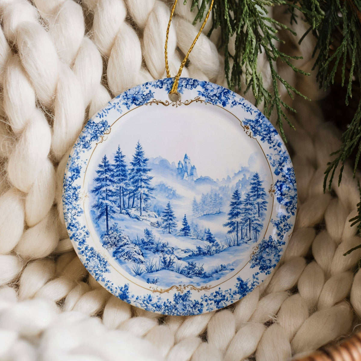 Toile Christmas Ornament, Ceramic Chinoiserie China Plate