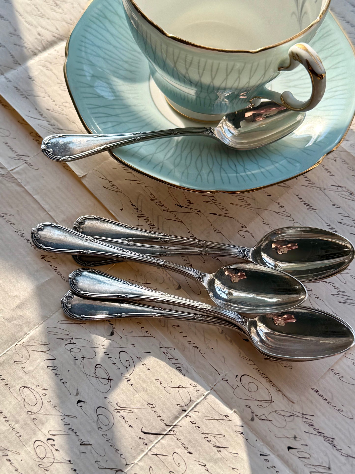 Set of 6 Christofle Silver Plated Espresso Spoons in the Rubans Pattern