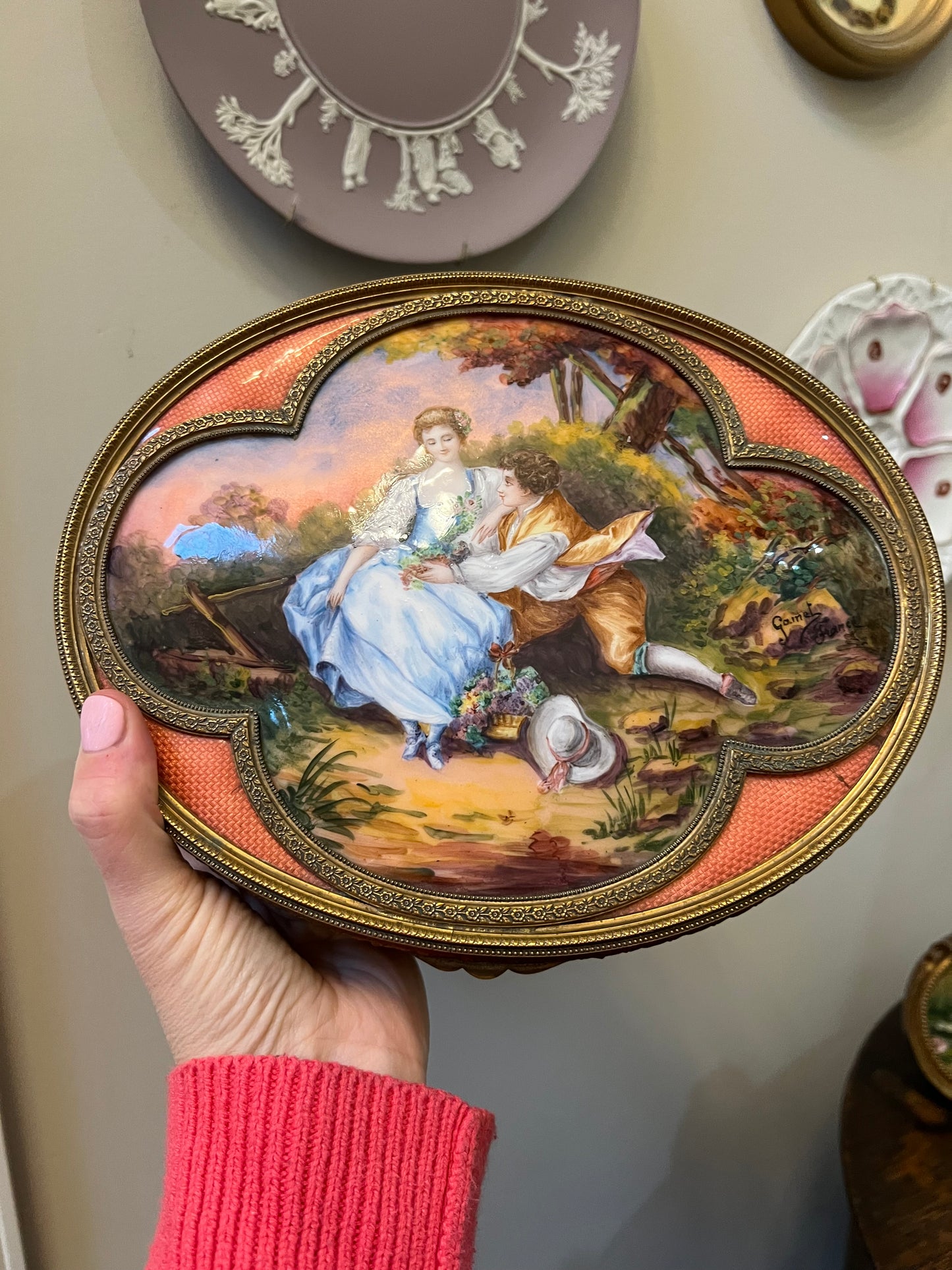 Antique French Handpainted Gilt Bronze Vanity Box